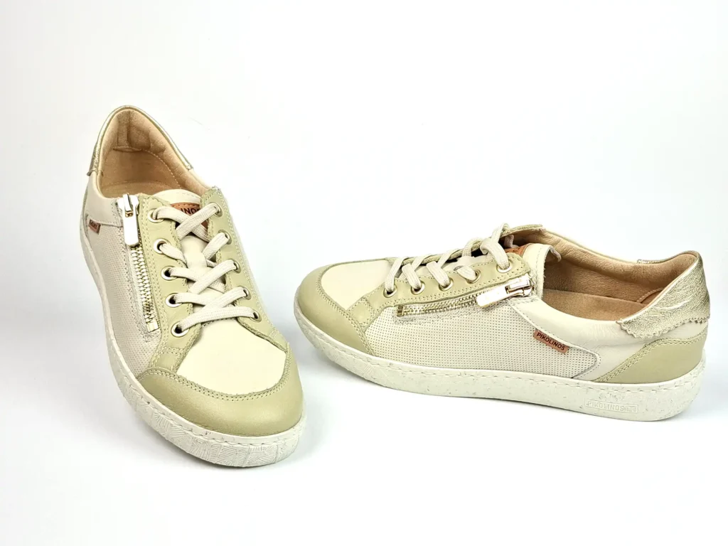Damen Sneaker Firma PIKOLINOS beige, lindgrün, gold Obermaterial und Futter Leder Schnürung und Reißverschluss herausnehmbares Fußbett